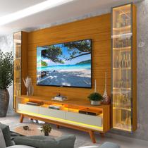 Rack Painel para TV até 84 Polegadas com 100% MDF 293cmx238cm Pés em Madeira Maciça Led Espelhos Luminare Requinte Marrom Naturale/Off White