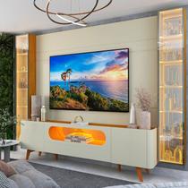 Rack Painel para TV até 84 Polegadas com LED 100% MDF 293cmx238cm Pés em Madeira Maciça Espelhos Luminare Nobre Bege Off White/Naturale