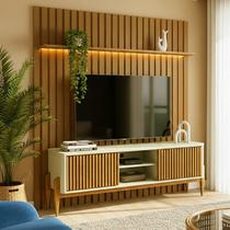 Rack Painel Ripado com LED MDF 177cmx218cm London 70” Sereno 160 Portas Deslizantes Marrom Off White Bege/Cedro Freijó Acetinado Rack Painel Ripado com LED MDF 177cmx218cm London 70” Sereno 160 Portas Deslizantes Marrom Off White Bege/Cedro Freijó Acetinado