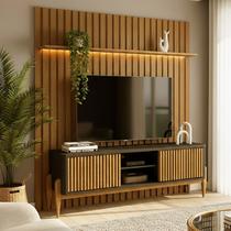 Rack Painel Ripado LED MDF 177cmx218cm 70” + Sereno 1600 com Portas Deslizantes London Marrom Preto Acetinado/Cedro Freijó Rack Painel Ripado LED MDF 177cmx218cm 70” + Sereno 1600 com Portas Deslizantes London Marrom Preto Acetinado/Cedro Freijó