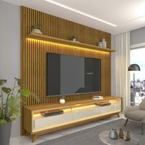 Rack Painel Ripado para TV até 90 Polegadas com LED 100% MDF 224cmx250,5cm Pés em Madeira Maciça Impressão Ripada Requinte Marrom Naturale/Off White