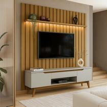 Rack Painel Ripado Retrô LED MDF 177cmx218cm Pés em Madeira Maciça London Tóquio com Gaveta e Portas Marrom Off White/Cedro Freijó