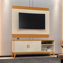 Rack + Painel ST Modelo Retrô com Pés em Madeira Maciça Tampo de 25mm para TV Até 60'' com Puxadores em Cava Cor Off White/ Cedro