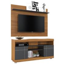 Rack Para Sala Com Painel Para Tv 55 Pol Raya C04 Noce Milano Preto Fosco - Lyam Decor