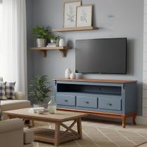 Rack para Sala com Pés Luis XV 3 Gavetas e Nicho - Azul Céu Laca com tampo e base Imbuia Glazer