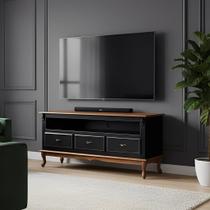 Rack para Sala com Pés Luis XV 3 Gavetas e Nicho - Preto Laca com tampo e base Castanho Envelhecido