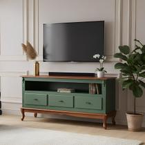 Rack para Sala com Pés Luis XV 3 Gavetas e Nicho - Verde Kalle Laca com tampo e base Imbuia Glazer