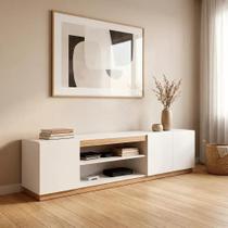 Rack para Sala de Estar Tv 75 Polegadas e Decoração com Rodapé Branco/Amadeirado