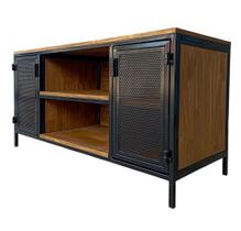 Rack Para Sala Modelo Industrial com 2 Portas de Chapas de Ferro em Preto e Madeira Maciça Cor Imbuia