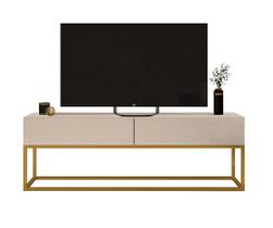 rack para sala off white brilhante com 2 gavetas com puxadores moderno em cava pes de ferro na cor Dourado