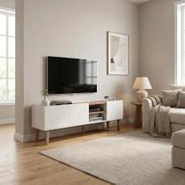 Rack para TV até 50 Polegadas MDF 136cm Pés em Madeira Maciça Moderno com Nichos Branco E Amadeirado Rack para TV até 50 Polegadas MDF 136cm Pés em Madeira Maciça Moderno com Nichos Branco E Amadeirado