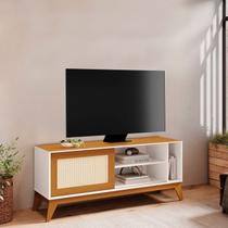 Rack para TV até 55 Polegadas 100% MDF 136cm Acabamento em Tela Rathan Cayman Bege Off White/Cedro