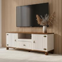 Rack para TV até 55 Polegadas 100% MDF 150cm Pés em Madeira Maciça 2 Portas 1 Gaveta Tampo Base Joy