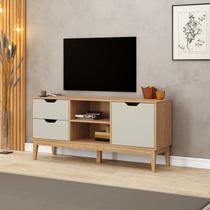 Rack para TV até 55 Polegadas 136cm Pés em Madeira Maciça 2 Portas e 1 Gaveta Marrom Mel/Off White Rack para TV até 55 Polegadas 136cm Pés em Madeira Maciça 2 Portas e 1 Gaveta Marrom Mel/Off White