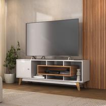 Rack para TV até 55 Polegadas 151,7cm Pés em Madeira Maciça 1 Porta com Nicho Yescasa Branco/Nogal Rack para TV até 55 Polegadas 151,7cm Pés em Madeira Maciça 1 Porta com Nicho Yescasa Branco/Nogal