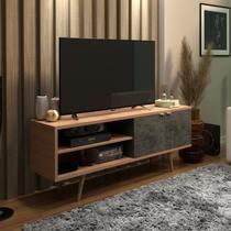 Rack para TV até 55 Polegadas 160cm Pés em Madeira Maciça 2 Portas R1482 Marrom Amêndoa/Mármore Lunar