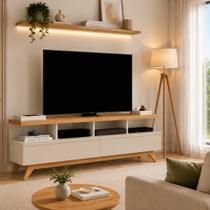 Rack para TV até 55 Polegadas 1,60m Vivare Wood com Pés de Madeira e 2 Gavetas Off White Nature Rack para TV até 55 Polegadas 1,60m Vivare Wood com Pés de Madeira e 2 Gavetas Off White Nature
