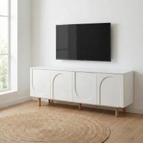 Rack para TV até 60 Polegadas 160cm Pés em Madeira Maciça Portas Orgânicas Branco Rack para TV até 60 Polegadas 160cm Pés em Madeira Maciça Portas Orgânicas Branco