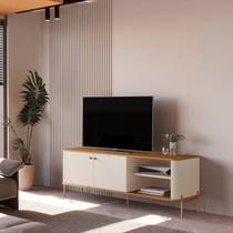 Rack para TV até 60 Polegadas MDF 141cm Curvo e Puxadores em Metal Tucupí Bege Off White/Nature/Bronze Rack para TV até 60 Polegadas MDF 141cm Curvo e Puxadores em Metal Tucupí Bege Off White/Nature/Bronze