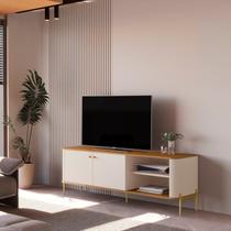 Rack para TV até 60 Polegadas MDF 141cm Curvo e Puxadores em Metal Tucupí Bege Off White/Nature/Dourado Rack para TV até 60 Polegadas MDF 141cm Curvo e Puxadores em Metal Tucupí Bege Off White/Nature/Dourado