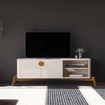 Rack para TV até 60 Polegadas MDF 154cm Pés em Madeira Maciça Puxador e Buriti Bege Offwhite Rack para TV até 60 Polegadas MDF 154cm Pés em Madeira Maciça Puxador e Buriti Bege Offwhite