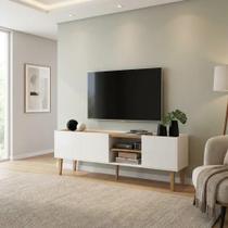 Rack para TV até 60 Polegadas MDF 155cm Pés em Madeira Maciça Multiuso Compacto com Prateleiras e Nicho