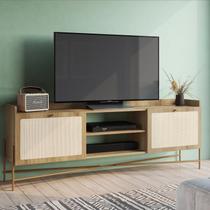 Rack para TV até 65 Polegadas 183cm Pés em Madeira Maciça 2 Portas Palhinha Metal Dourado Oslo