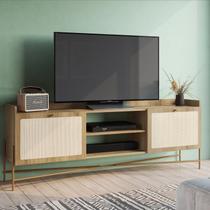 Rack para TV até 65 Polegadas 183cm Pés em Madeira Maciça 2 Portas Palhinha Metal Oslo Marrom Hanover/Dourado Rack para TV até 65 Polegadas 183cm Pés em Madeira Maciça 2 Portas Palhinha Metal Oslo Marrom Hanover/Dourado