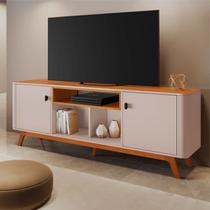 Rack para TV até 70 Polegadas MDF 180cm Pés em Madeira Maciça Bancada Detalhes Curvos e Oslo Branco Off White/Cinamomo