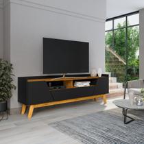 Rack para TV até 70 Polegadas MDF 180cm Pés em Madeira Maciça Portas 1 Gaveta 2 Nichos Decor Preto Fosco/Naturalle