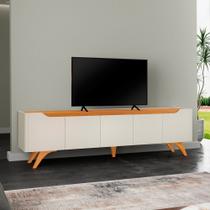 Rack para TV até 75 Polegadas 100% MDF 220cm Pés em Madeira Maciça 4 Portas Grécia Bege Off White/Naturalle Rack para TV até 75 Polegadas 100% MDF 220cm Pés em Madeira Maciça 4 Portas Grécia Bege Off White/Naturalle