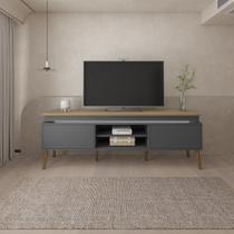 Rack para TV até 75 Polegadas com LED MDF 180cm Pés em Madeira Maciça 2 Portas e Lumina