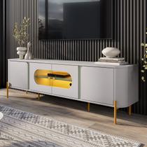 Rack para TV Até 75 Polegadas Evans 4 Portas com Vidro e Led Off White/Pistache - Pnr Móveis Rack para TV Até 75 Polegadas Evans 4 Portas com Vidro e Led Off White/Pistache - Pnr Móveis