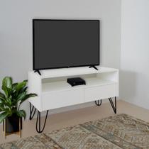 Rack para TV Bancada Com Nicho e Gaveta Pés Hairpin Legs Estilo Industrial Branco Laca