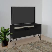Rack para TV Bancada Com Nicho e Gaveta Pés Hairpin Legs Estilo Industrial Preto Laca