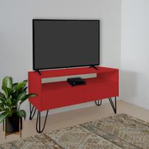 Rack para TV Bancada Com Nicho e Gaveta Pés Hairpin Legs Estilo Industrial Vermelho Laca