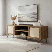 Rack Para TV Com Pés De Madeira Tela Natural e Couro 140cm