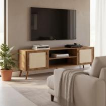 Rack Para TV Com Pés De Madeira Tela Natural e Couro 160cm