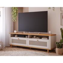 Rack Para TV Sala Quarto Home Bancada MDF 180cm Branco Off White Nature Pés De Madeira - Permóbili