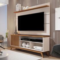 Rack Retrô 1 Porta Com Painel 1,36m para TVs Até 50 Polegadas - Malbec Wood Ripado - Off White/Freijo - Giga Móveis