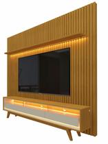 Rack Retrô com Painel 2.3 Ripado com LED Nobre Naturale com Off White - Gelius Móveis Rack Retrô com Painel 2.3 Ripado com LED Nobre Naturale com Off White - Gelius Móveis