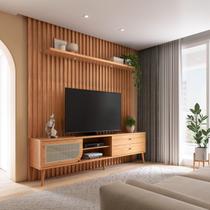 Rack Retrô com Painel para TV 75 Polegadas Ripado com Led Spot 100% MDF Porta Telada