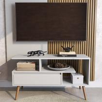 Rack Retrô para TV até 55 Polegadas MDF 90cm Pés em Madeira Maciça Aparador com Porta Nicho Prateleira Palito Retro Branco Rack Retrô para TV até 55 Polegadas MDF 90cm Pés em Madeira Maciça Aparador com Porta Nicho Prateleira Palito Retro Branco