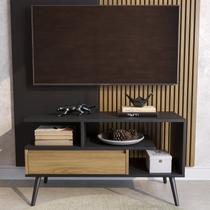 Rack Retrô para TV até 55 Polegadas MDF 90cm Pés em Madeira Maciça Aparador com Porta Nicho Prateleira Palito Retro Preto/Freijó Rack Retrô para TV até 55 Polegadas MDF 90cm Pés em Madeira Maciça Aparador com Porta Nicho Prateleira Palito Retro Preto/Freijó