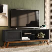 Rack Retrô para TV até 60 Polegadas MDF 162cm Pés em Madeira Maciça Palinha Panama Móveis Preto