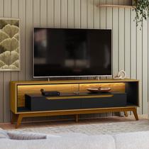 Rack Retrô para TV até 65 Polegadas com LED MDF 175cm Pés em Madeira Maciça 2 Gavetas e Duo Marrom Freijó/Preto