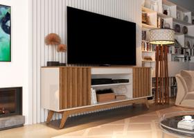 Rack Retrô TV Até 72 Polegadas Pés De Madeira 2 Portas 2 Nichos Malibu Wood Ripado 1.60