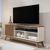 Rack Ripado Retrô para TV até 55 Polegadas 136cm Pés em Madeira Maciça Malbec Wood Bege Off White/Freijó Rack Ripado Retrô para TV até 55 Polegadas 136cm Pés em Madeira Maciça Malbec Wood Bege Off White/Freijó