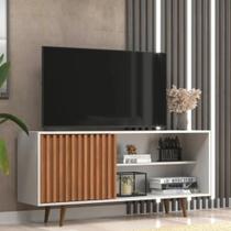 Rack San Diego com Porta de Correr Ripado E Prateleira Pés Palito Branco/Freijó J Carvalho