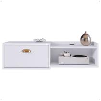 Rack Suspenso TV Smart 32" Bancada Canadá 1 Porta Puxador Concha Nicho Decoração Sala Quarto Branco Lojas RPM